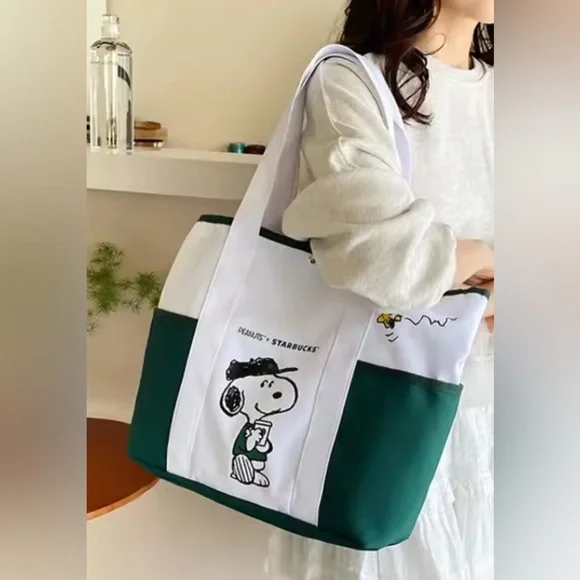 2025 New Starbucks Snoopy Tote Bag Shoulder Bag WHITE/GREEN Canvas - Picture 12 of 12